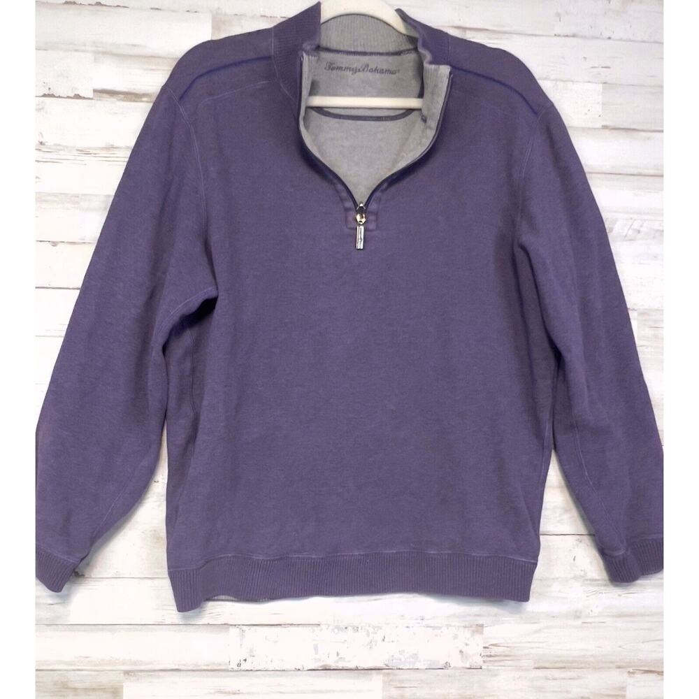 Tommy Bahama 1/4 Zip Mock Neck Reversible Sweater Mens Purple/Gray Large?
